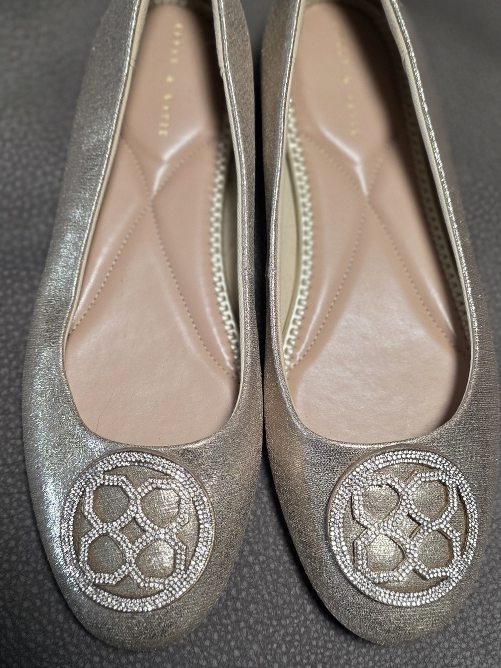 Kelly & Katie Metallic Champagne Ballet Flats with Rhinestone Medallion
